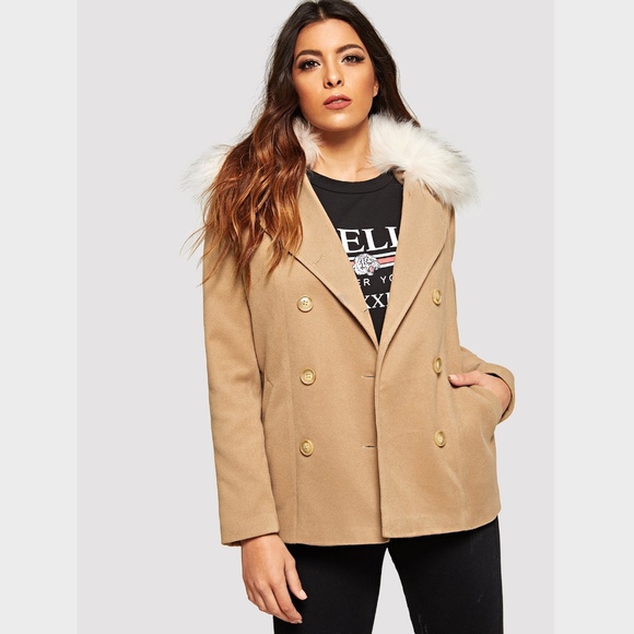 Faux Fur Belted Double Breasted Jacket In Camel - Picture 3 of 9